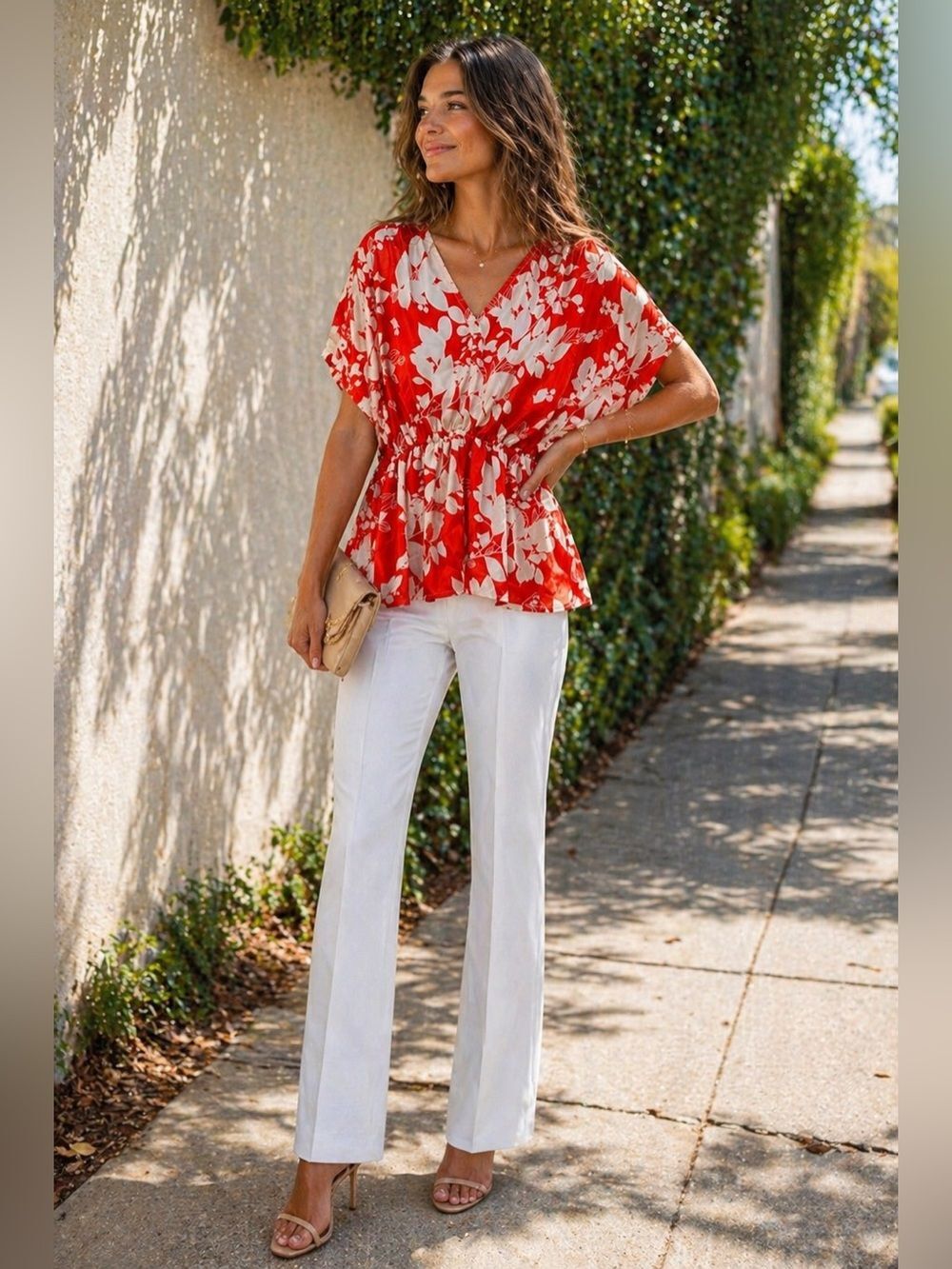 Umgee Red Floral Peplum Blouse Size Large Boho Flowy Top